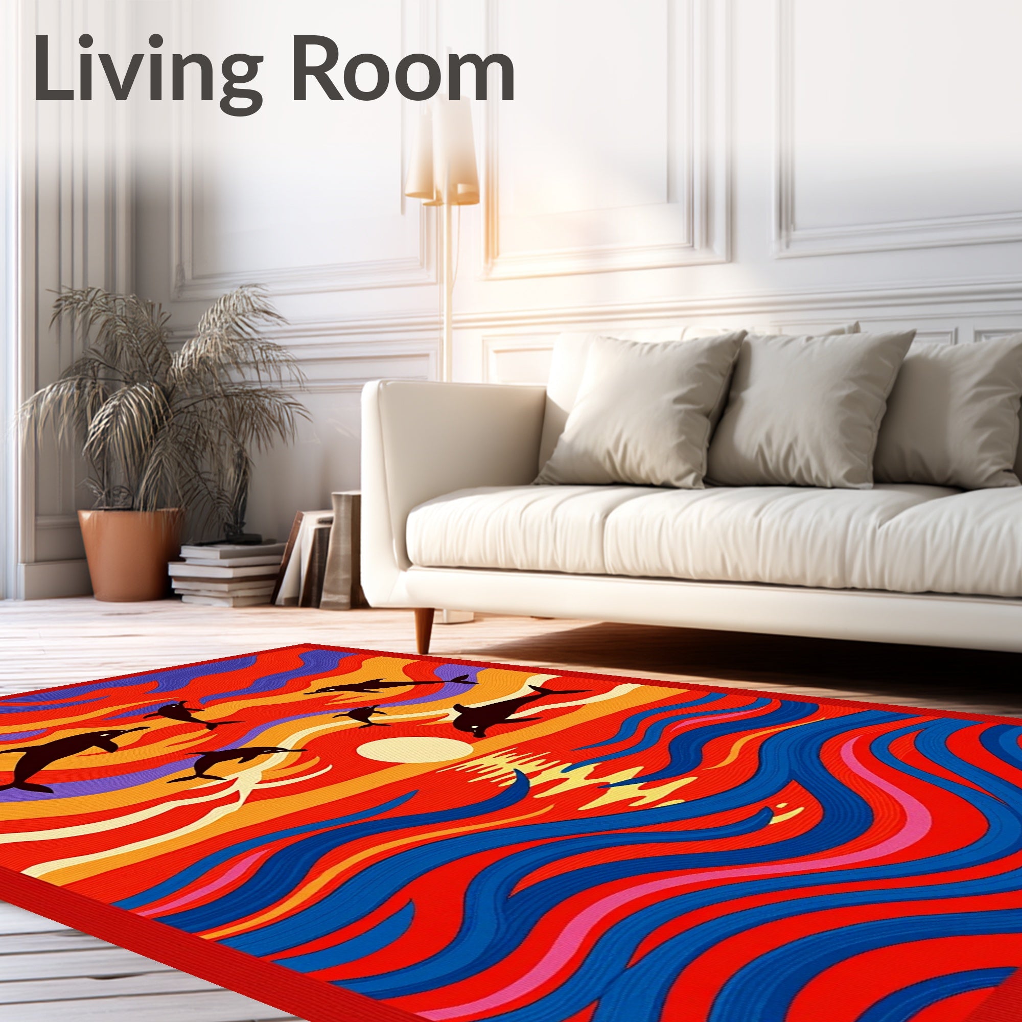 Vibrant Sunset Dolphin Wave Scene Rug