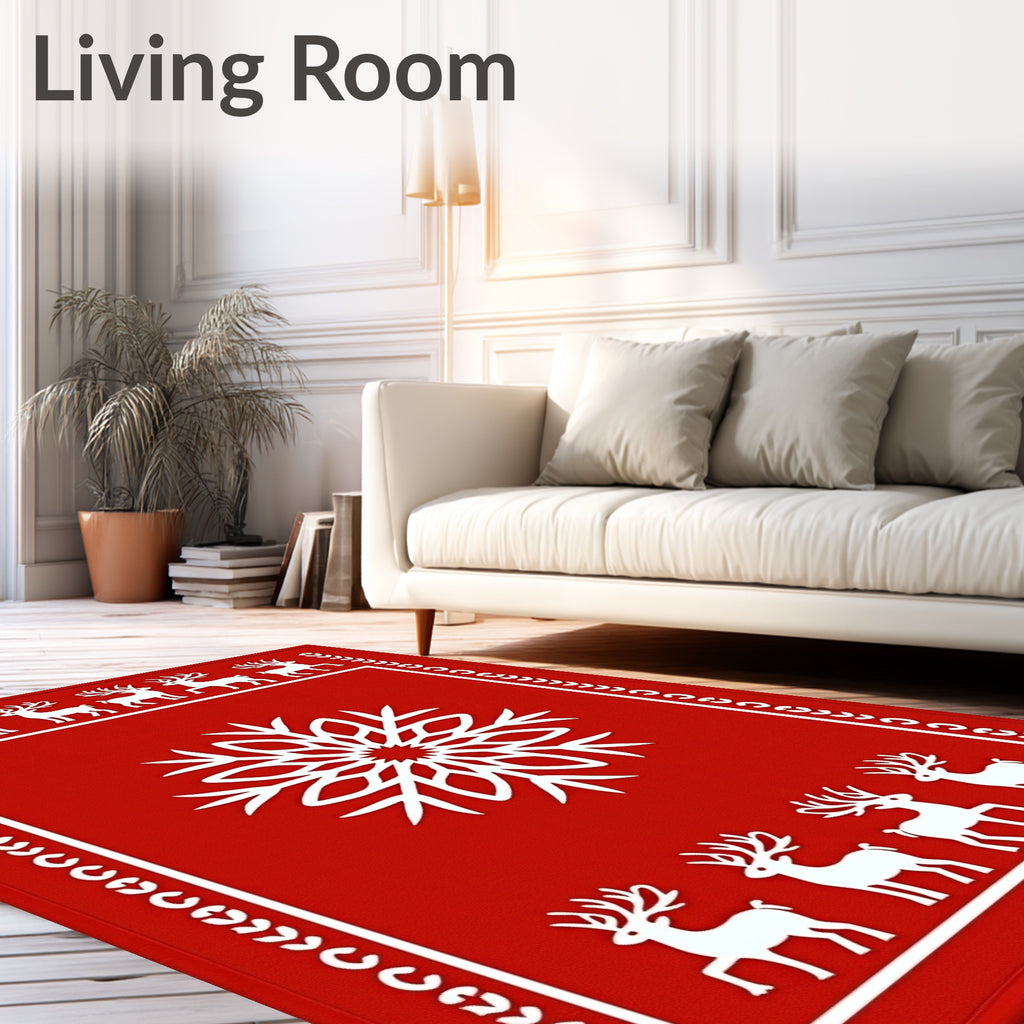 Red White Snowflake Reindeer Border Rug