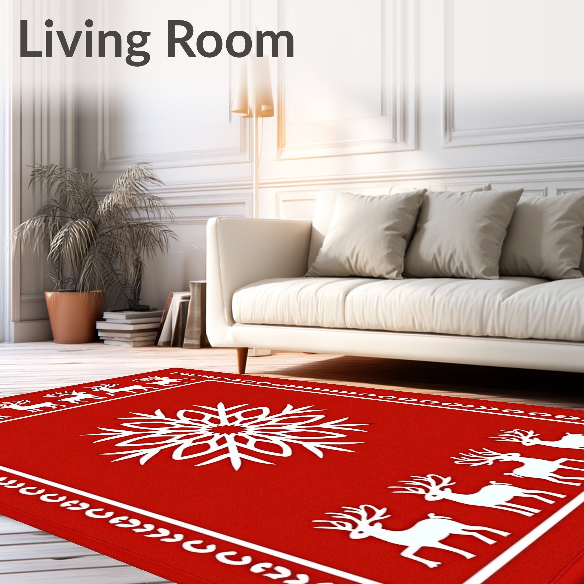 Red White Snowflake Reindeer Border Rug