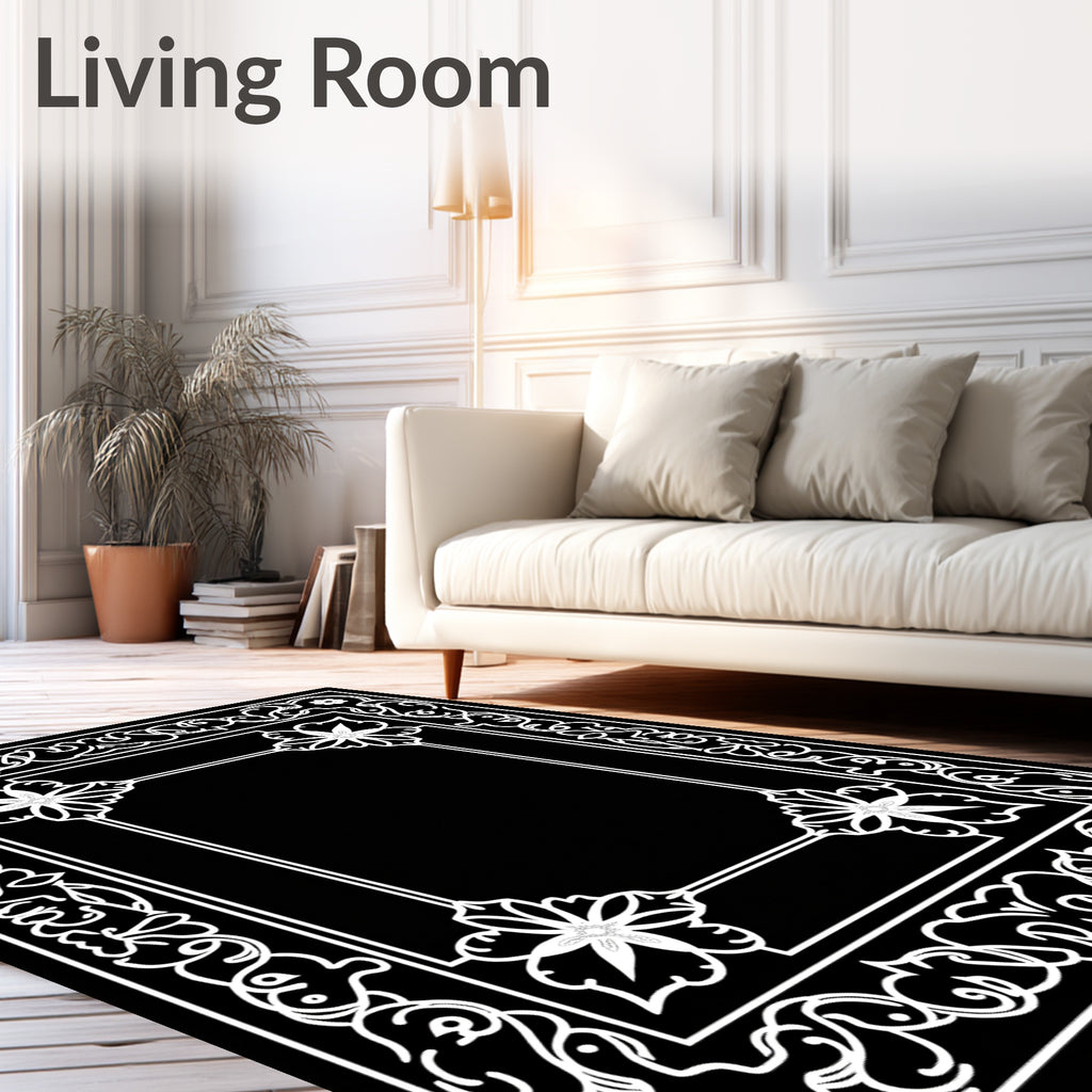 White Floral Scrollwork Border Rug