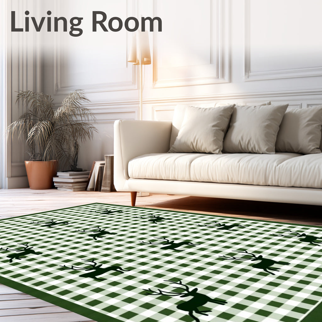 Forest Green Gingham Deer Tableau Rug