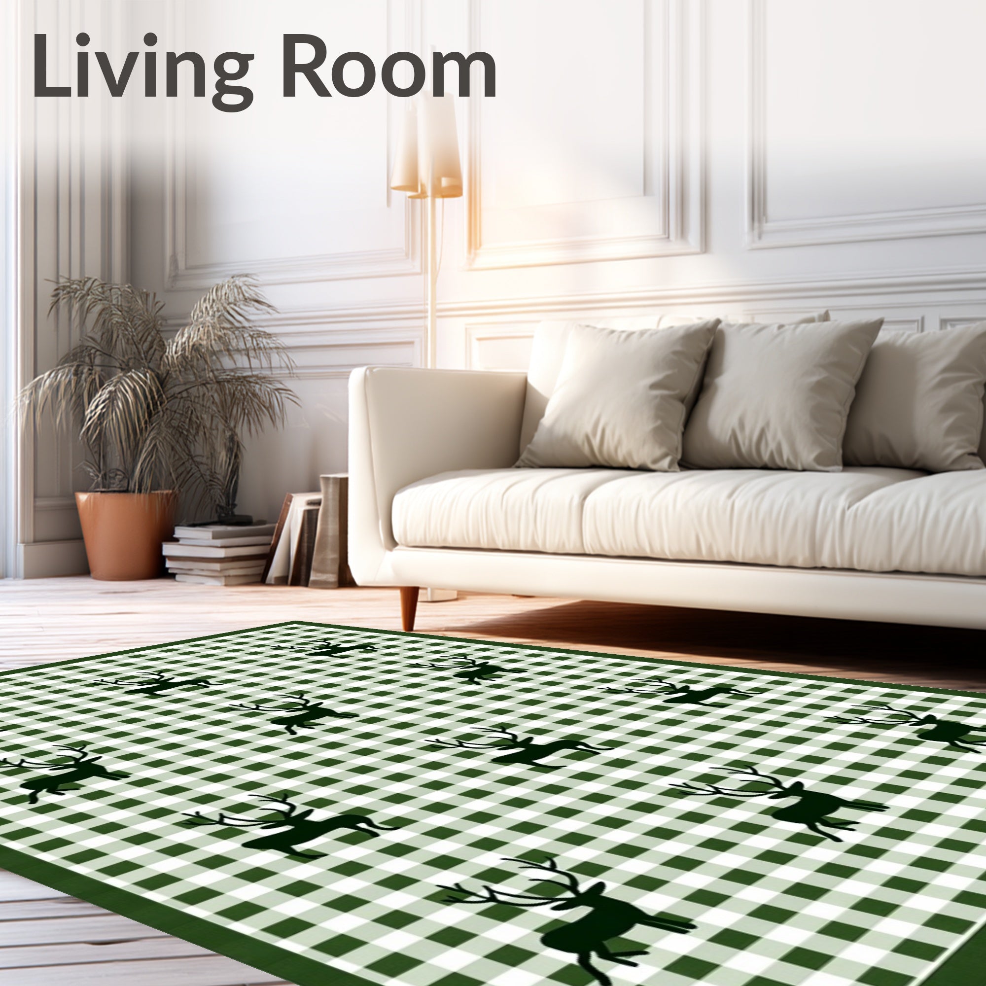 Forest Green Gingham Deer Tableau Rug
