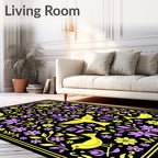 Yellow Birds Purple Flowers Black Background Rug