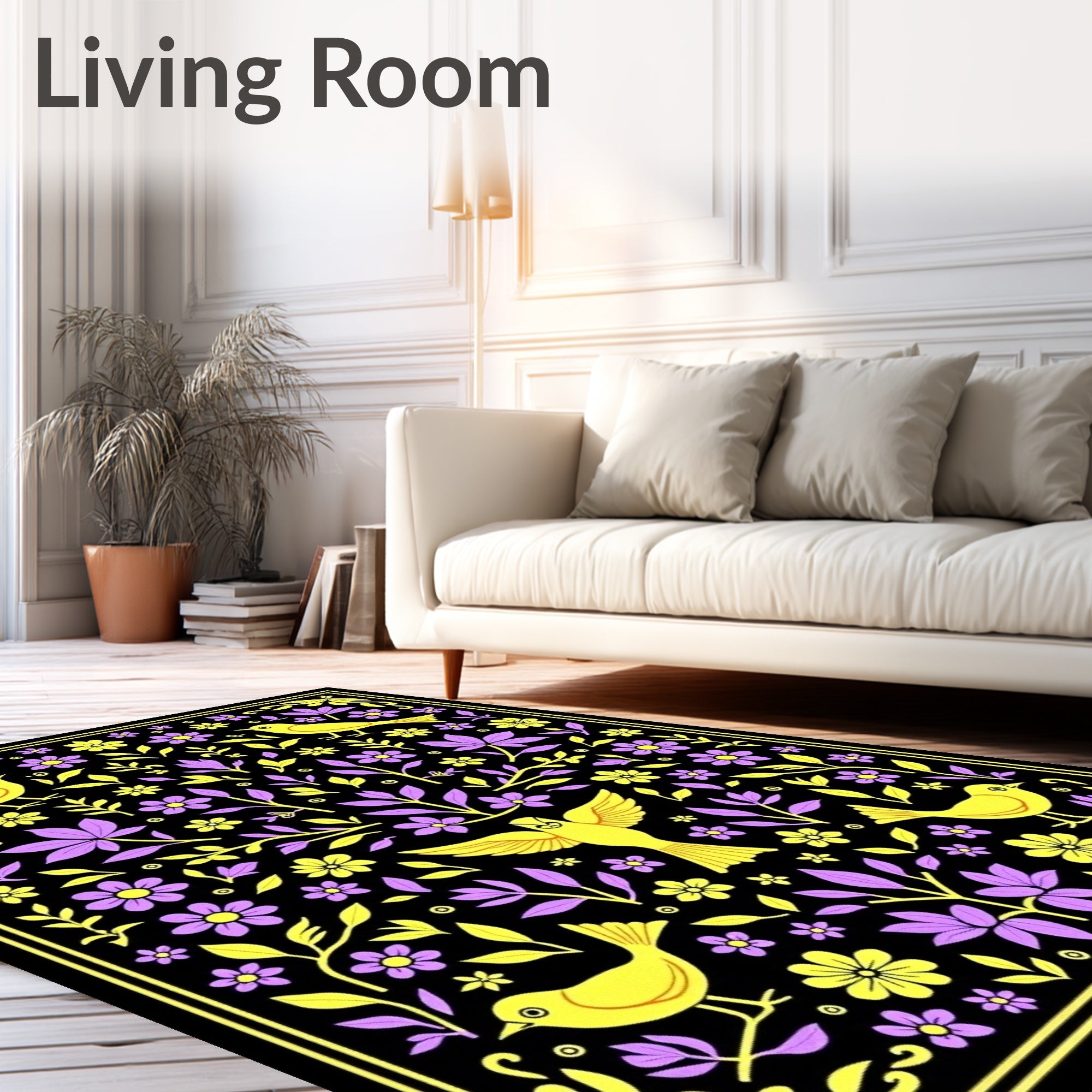 Yellow Birds Purple Flowers Black Background Rug