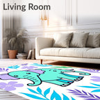Aqua Elephant Among Purple Green Leaves Rug