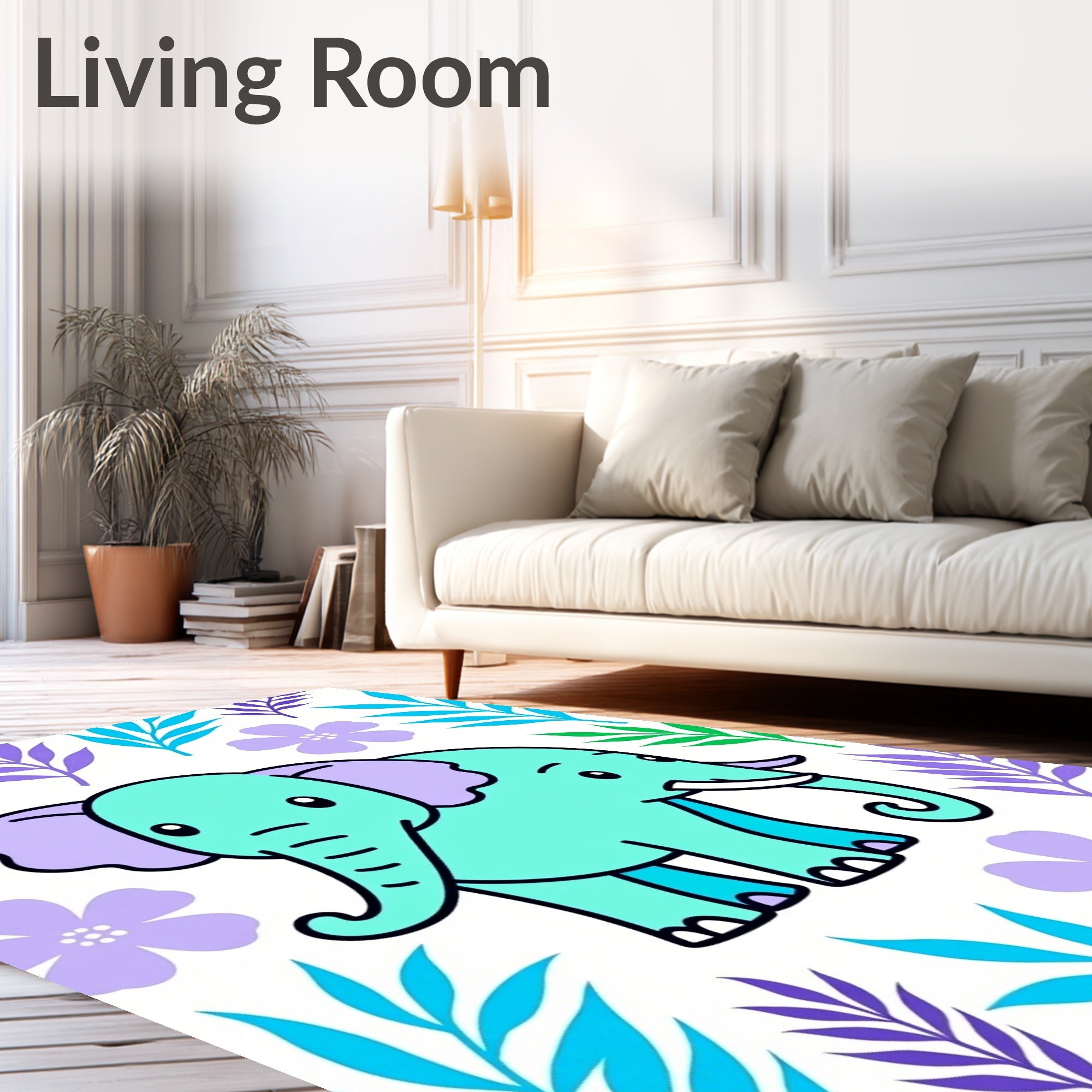 Aqua Elephant Among Purple Green Leaves Rug