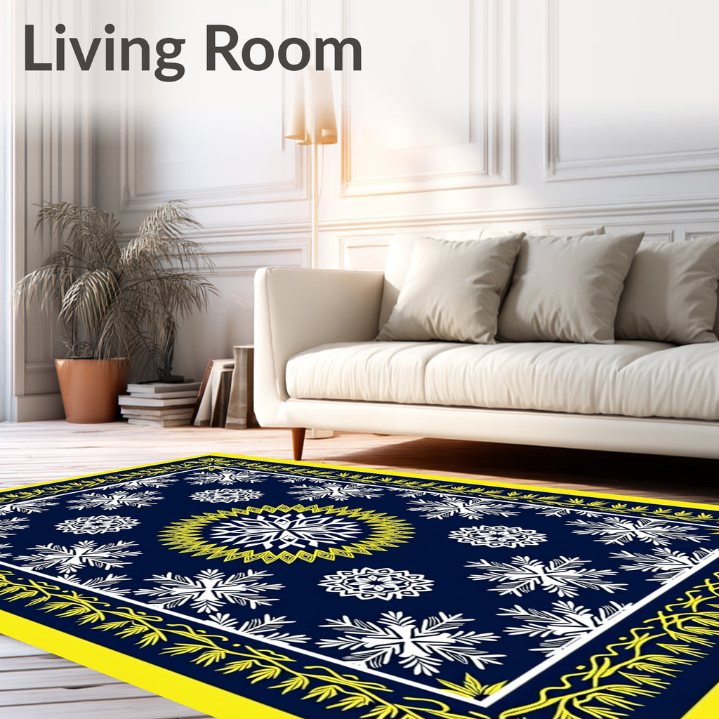 Navy Blue White Yellow Snowflake Medallion Rug