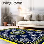 Navy Blue White Yellow Snowflake Medallion Rug
