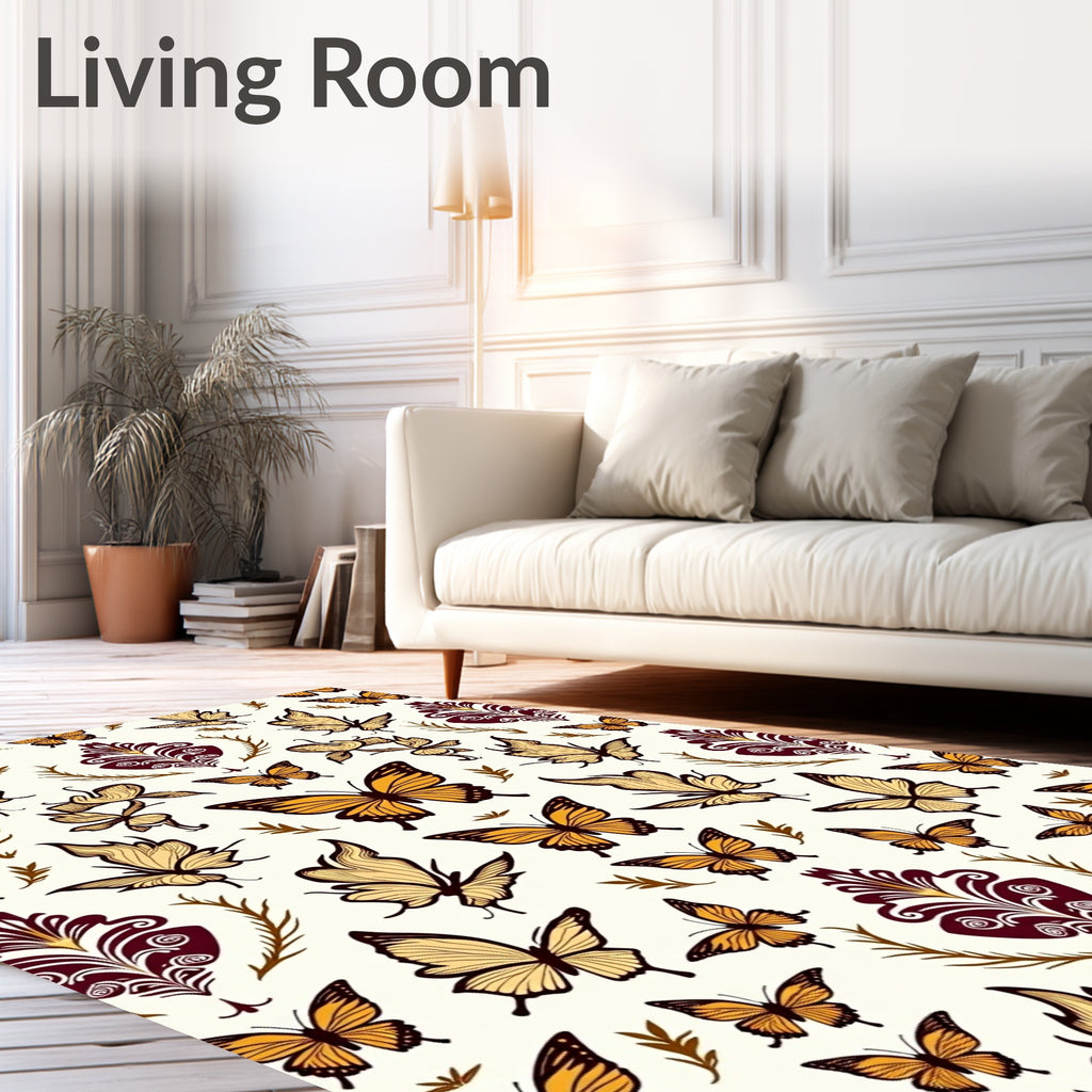 Golden Butterflies and Burgundy Damask Rug