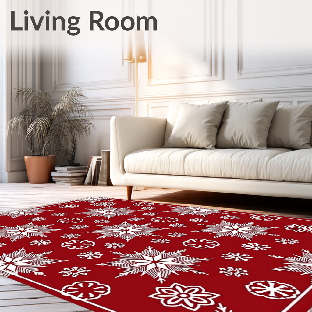 Crimson White Snowflake Cluster Medallion Rug