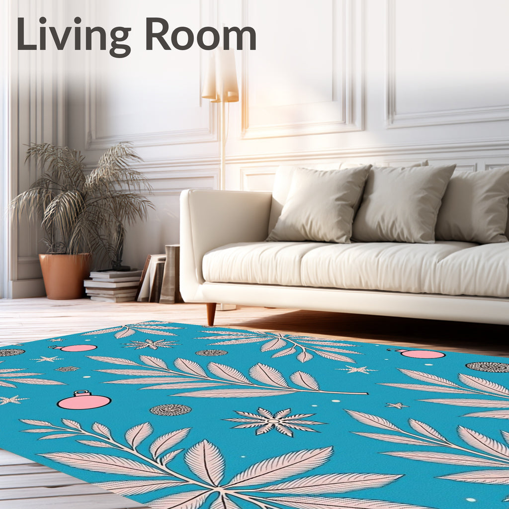 Teal Pink Leaf Ornament Snowflake Accents Rug