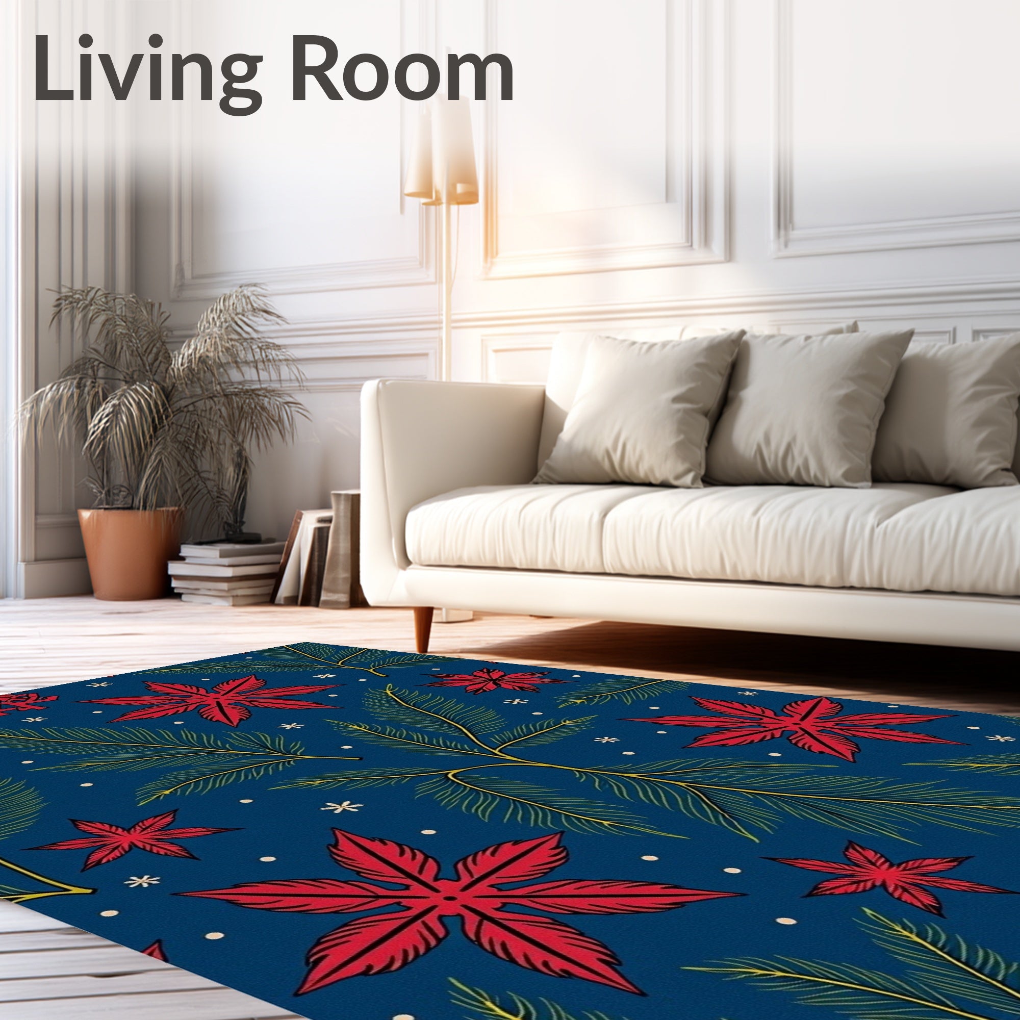 Red Starry Winter Poinsettia Garland Rug