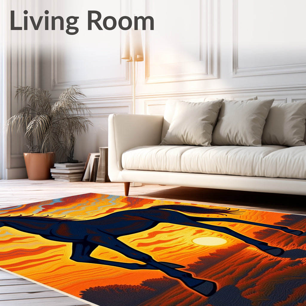 Black Horse Amidst Sunset Waves Rug