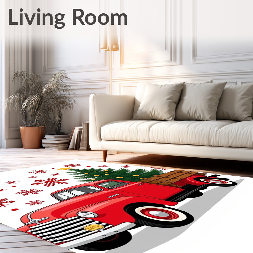 Red Vintage Truck Christmas Tree Snowflakes Rug
