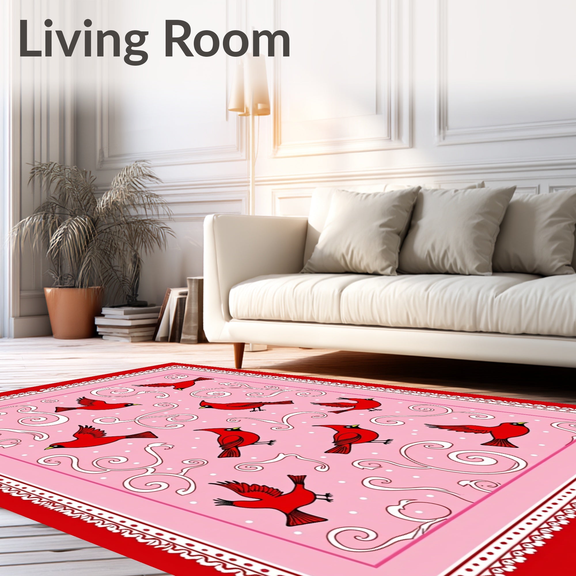 Red Cardinal Birds Pink Swirls Rug
