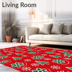 Festive Red Green Christmas Trees Snowflakes Rug