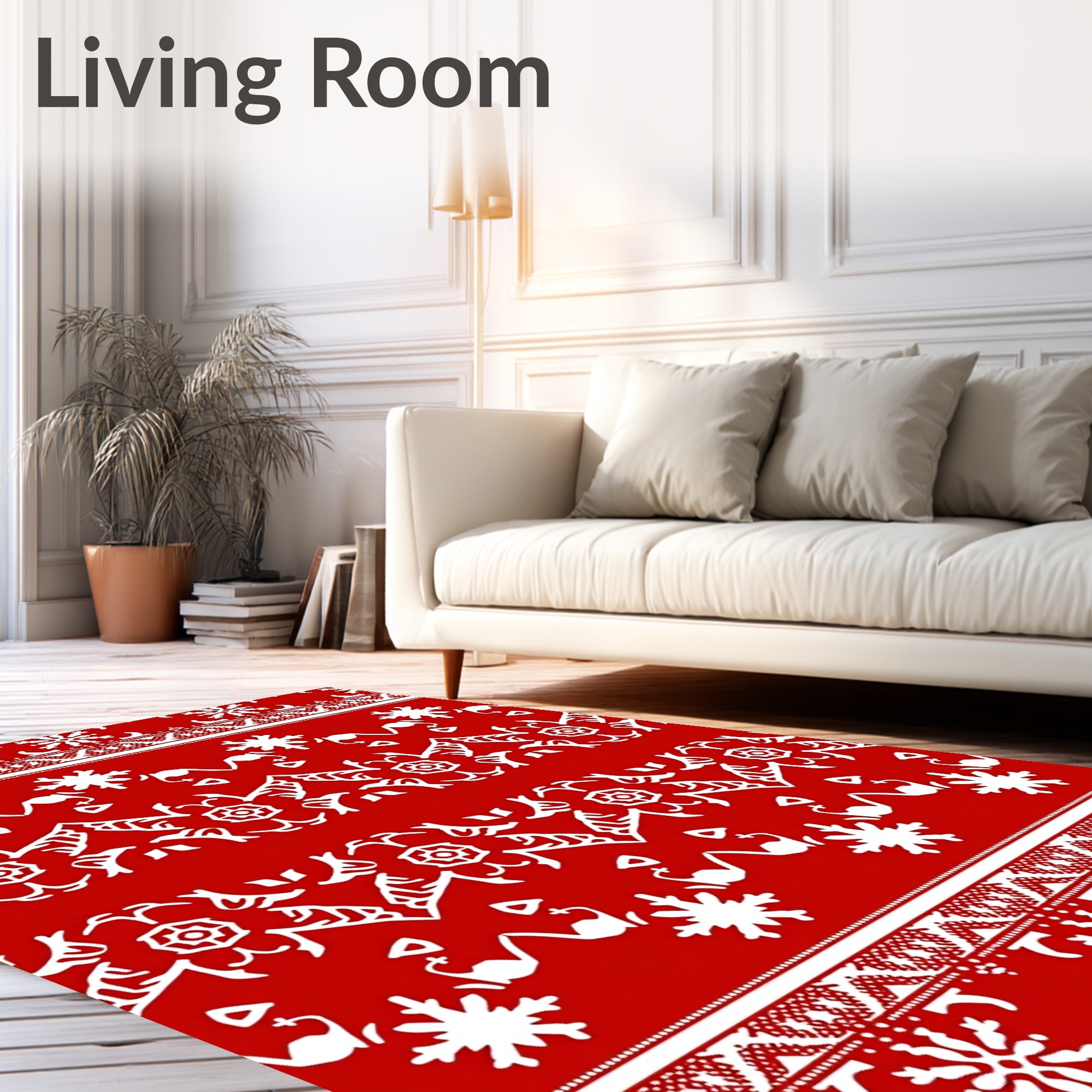 Red White Snowflake Folk Art Rug