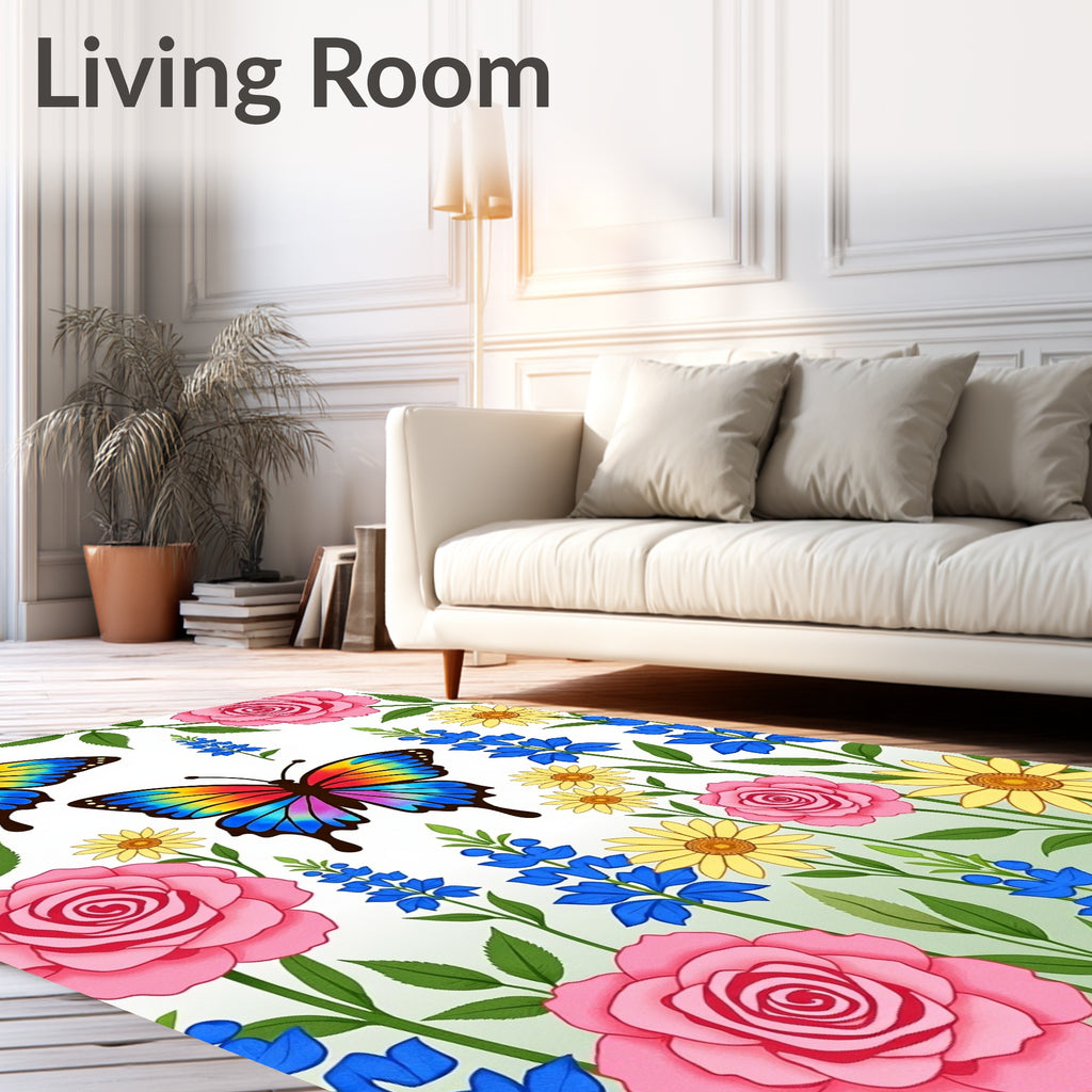 Colorful Butterflies Pink Yellow Blue Flowers Rug