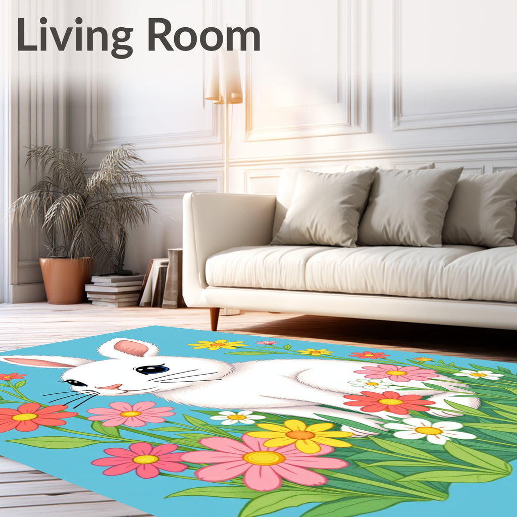 Whimsical White Bunny Floral Meadow Rug