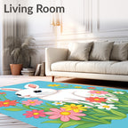 Whimsical White Bunny Floral Meadow Rug