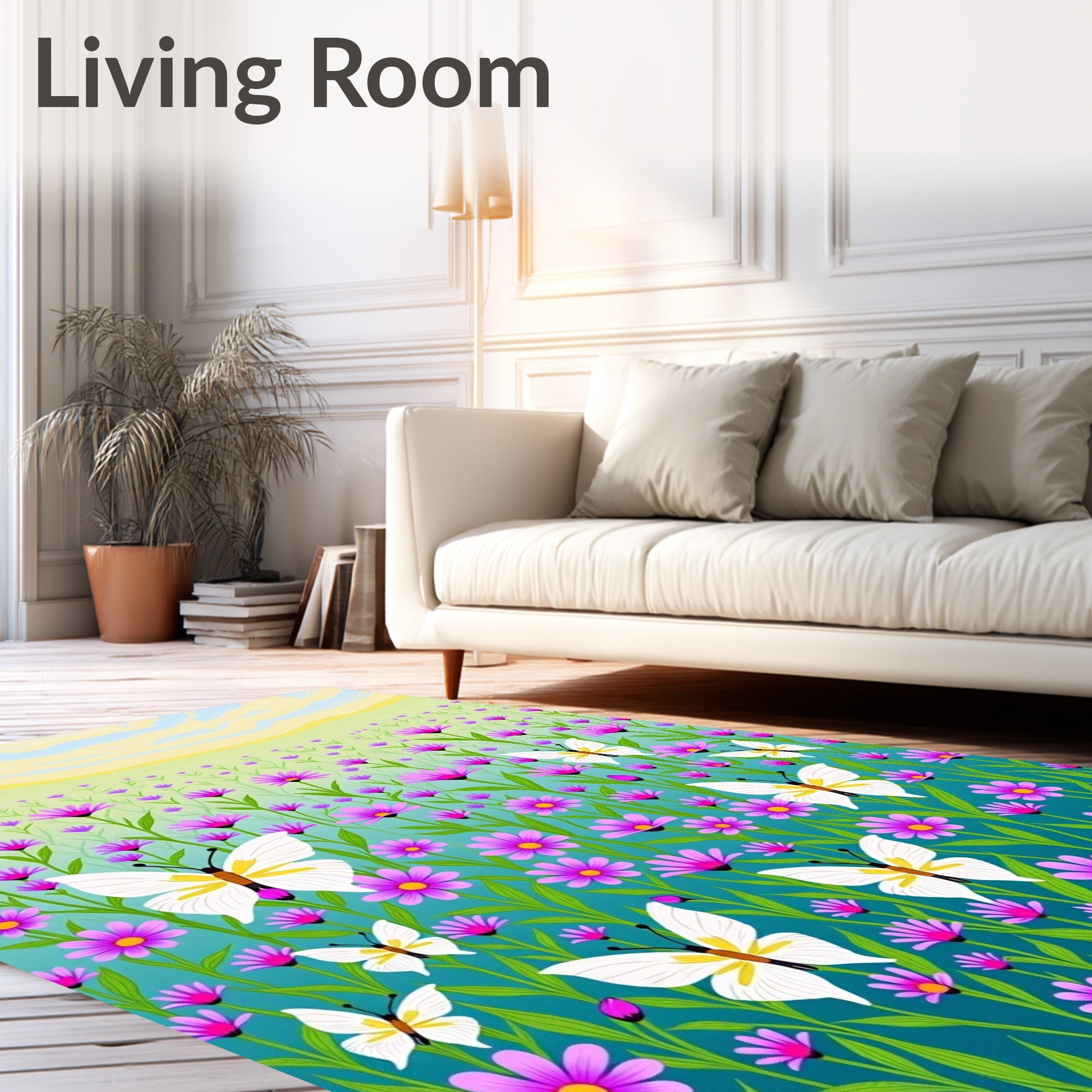 Vibrant Purple Garden White Butterfly Meadow Rug