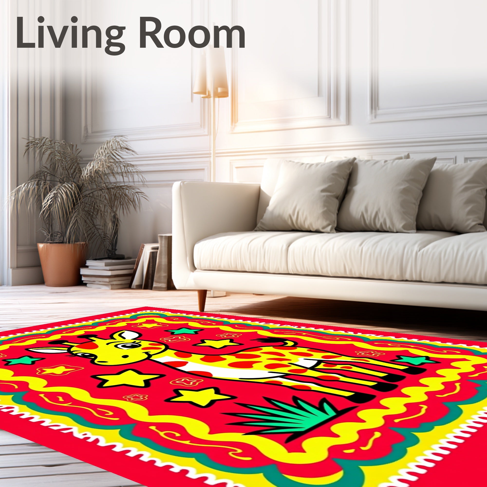 Playful Yellow Giraffe Star Border Rug