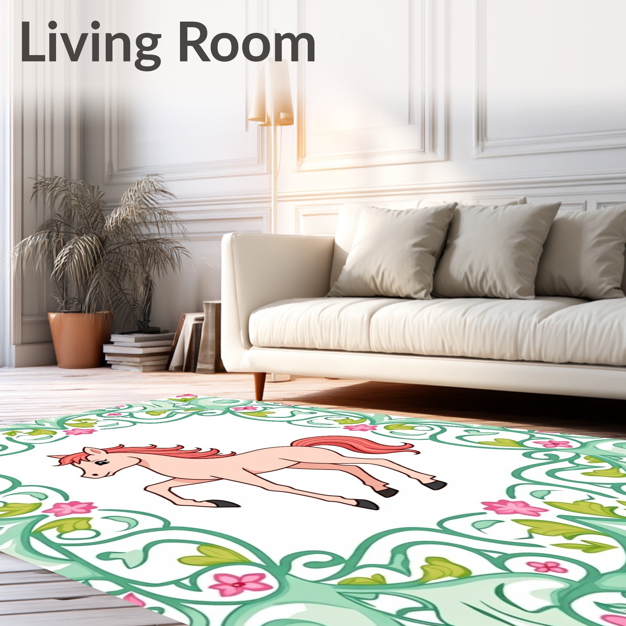 Pink Horse With Green Floral Border Rug