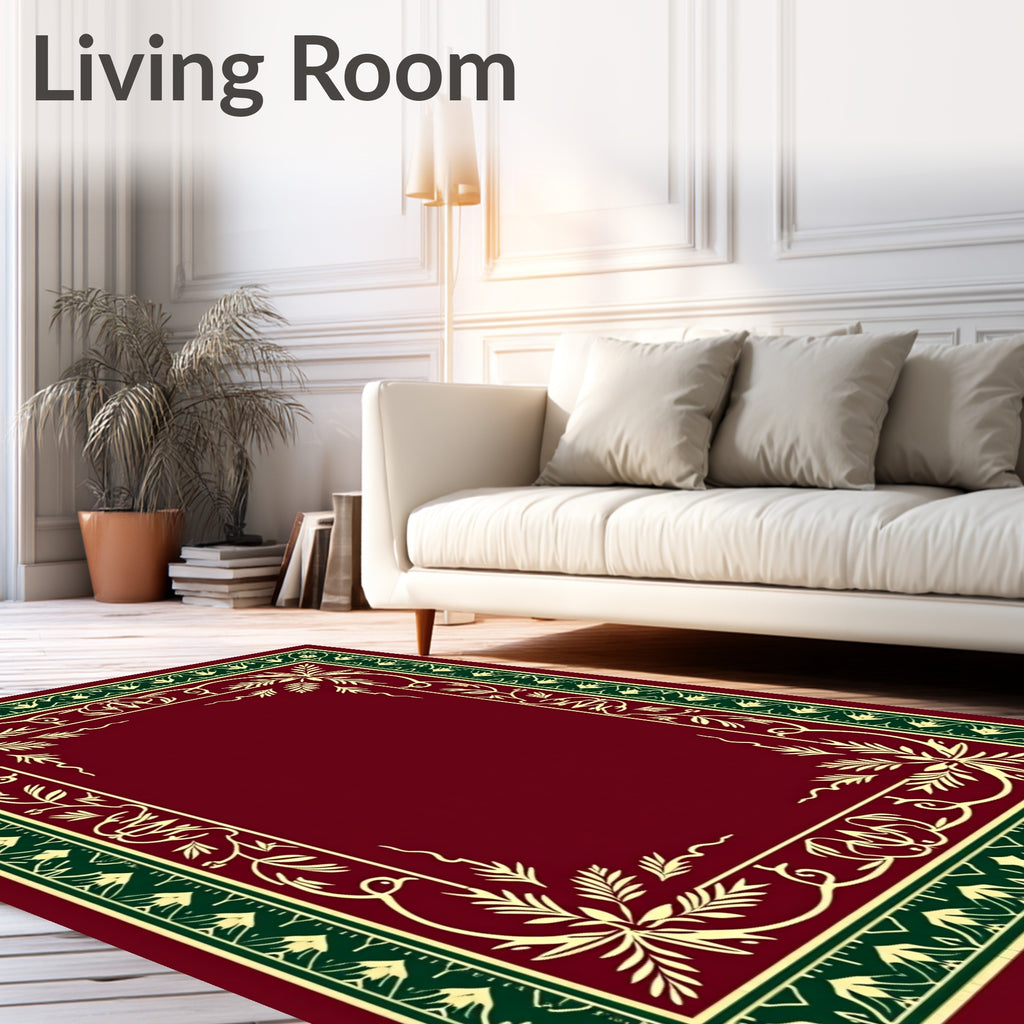 Deep Crimson Leafy Vine Border Rug