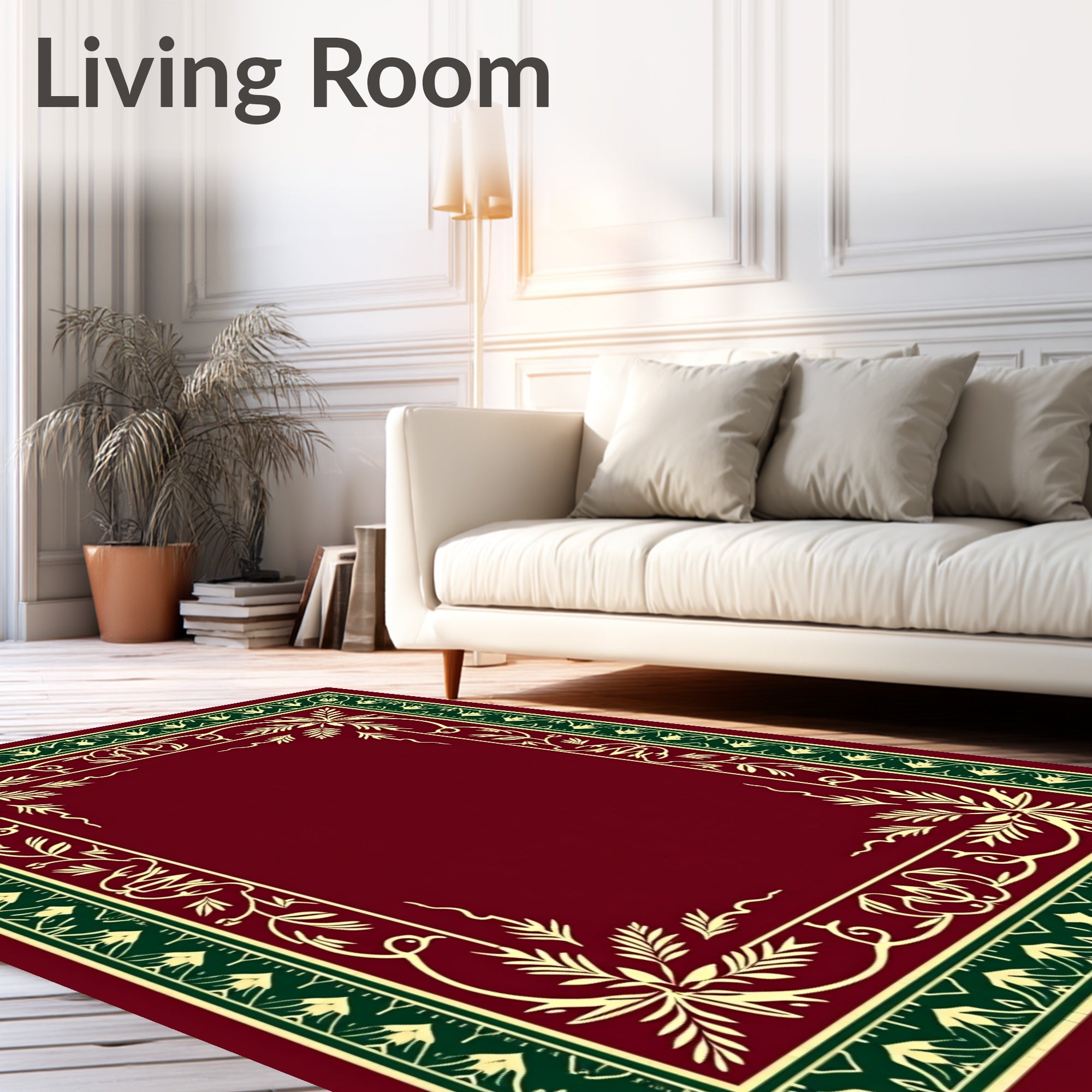 Deep Crimson Leafy Vine Border Rug