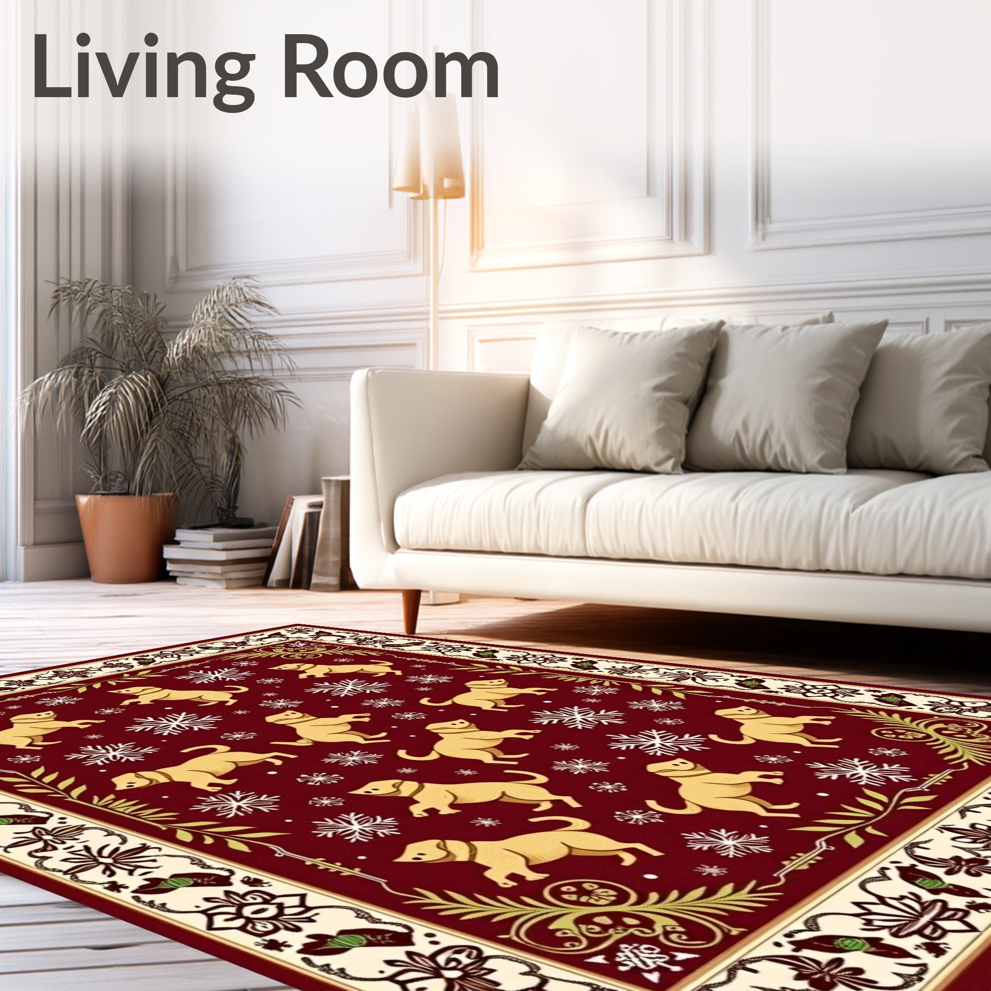 Burgundy Golden Dog Snowflakes Border Rug