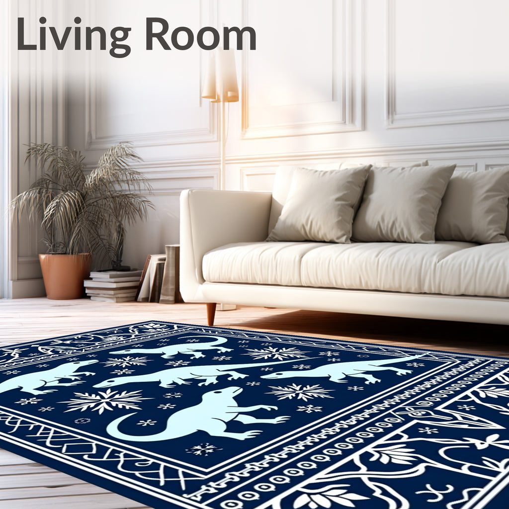 Light Blue Dinosaurs Snowflake Navy Background Rug