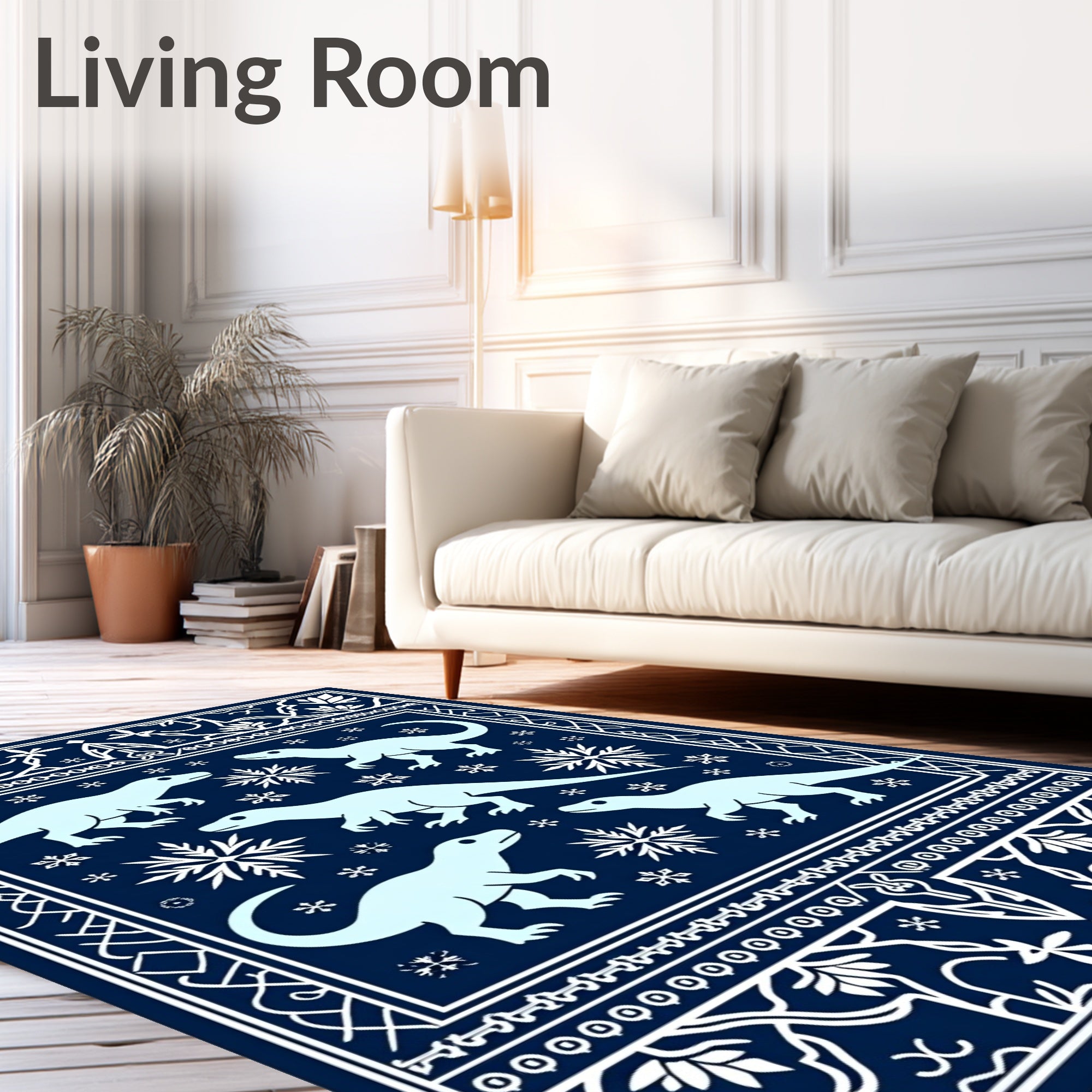 Light Blue Dinosaurs Snowflake Navy Background Rug
