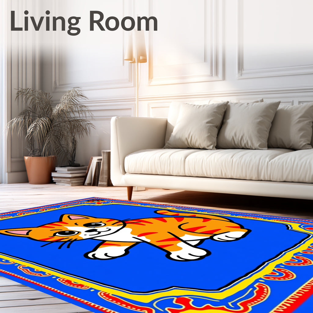 Whimsical Orange Cat Blue Border Rug