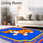 Whimsical Orange Cat Blue Border Rug