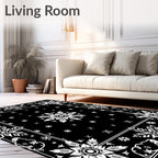 Black White Floral Medallion Border Rug