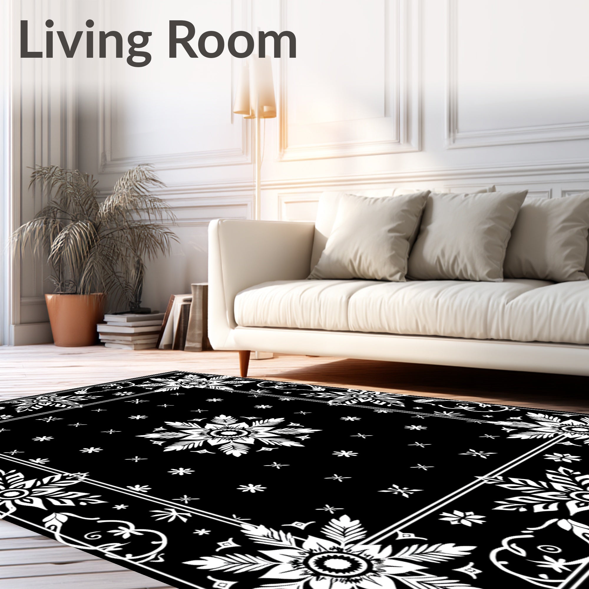 Black White Floral Medallion Border Rug