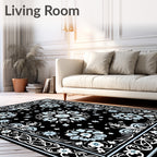 Black White Blue Floral Medallion Border Rug