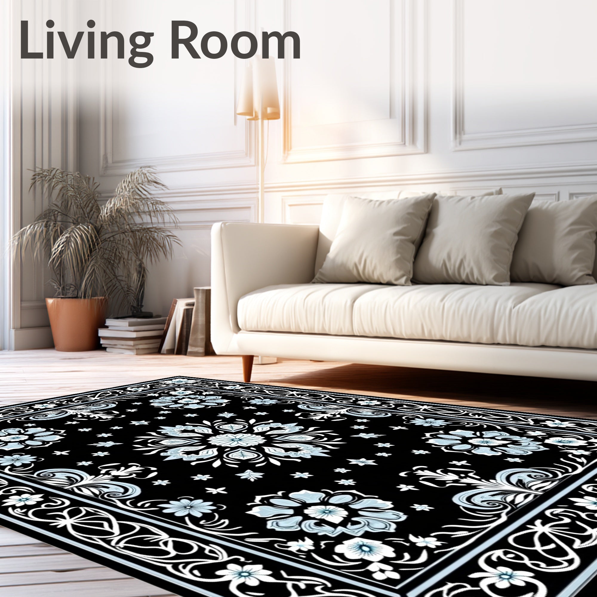 Black White Blue Floral Medallion Border Rug