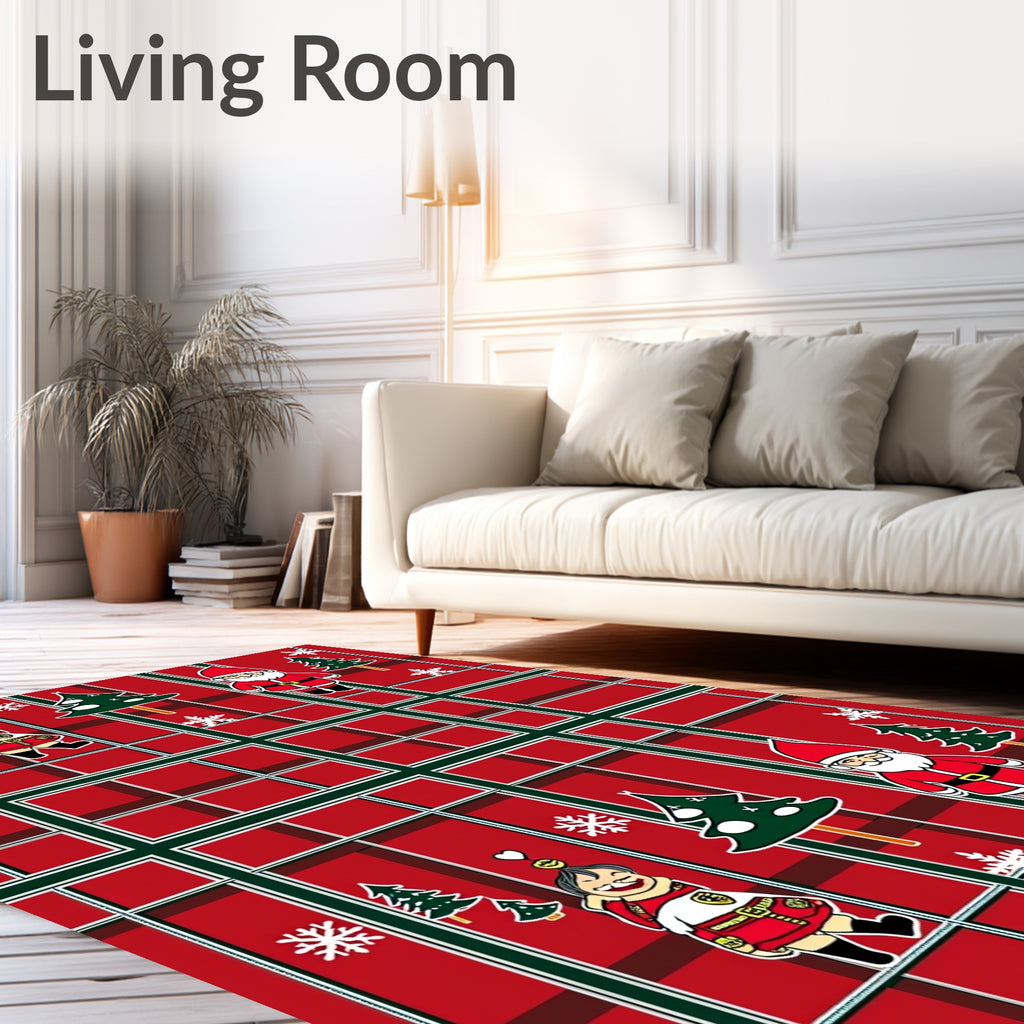 Red Green Plaid Christmas Figures Rug