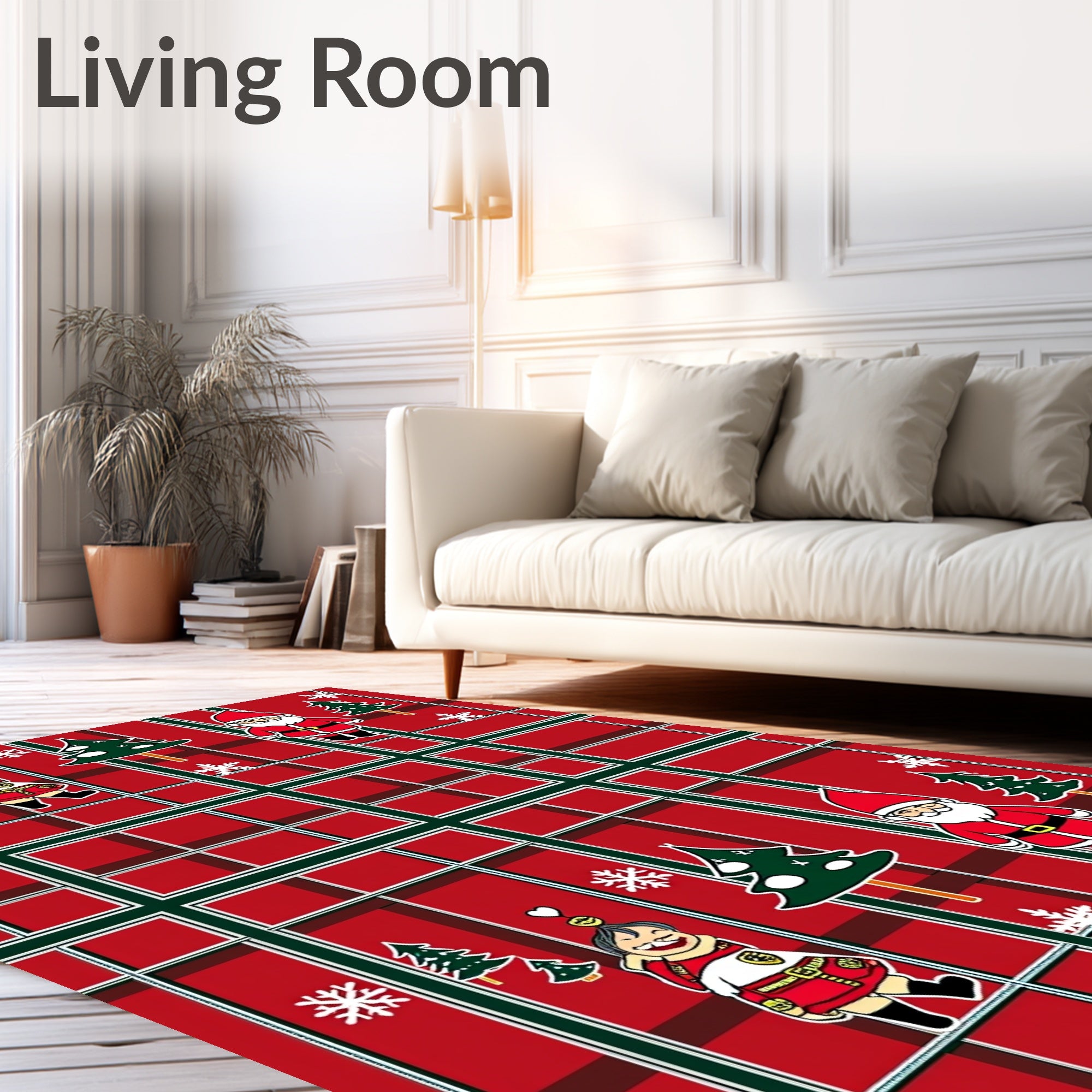 Red Green Plaid Christmas Figures Rug
