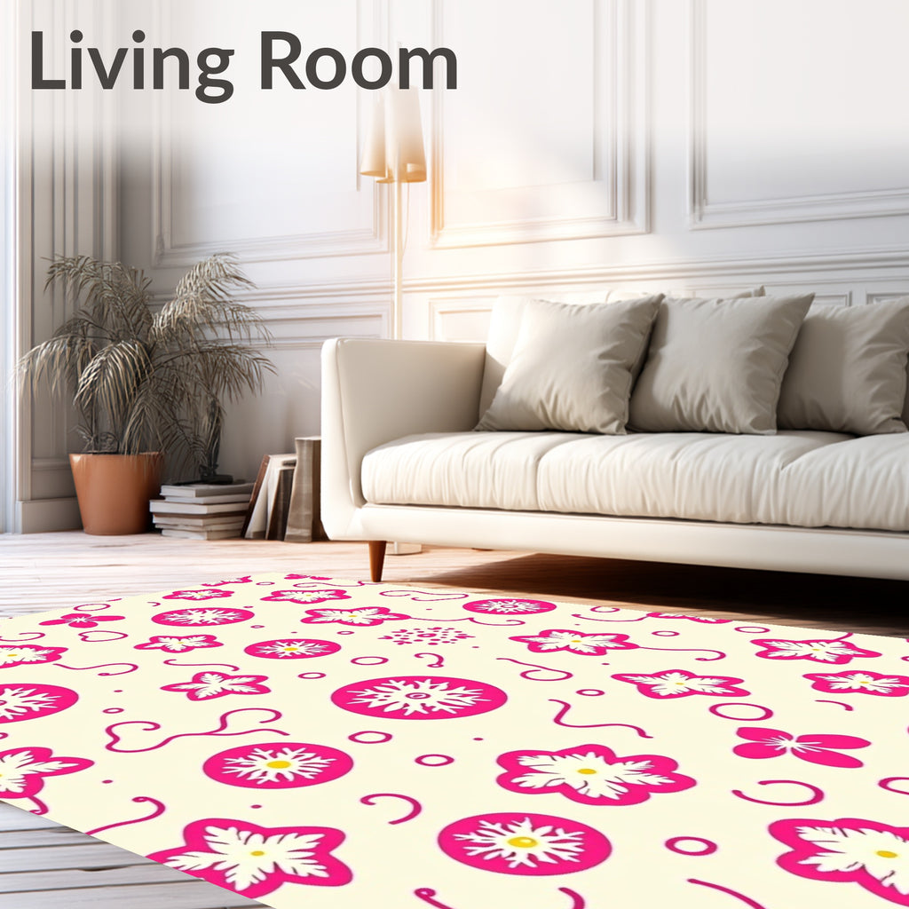 Bright Pink Floral Creamy Background Swirls Rug