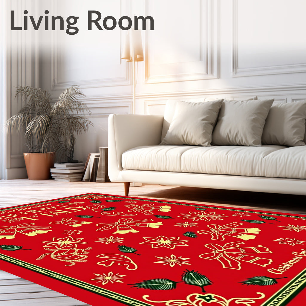 Red Gold Festive Bell and Star Arrangement Rug