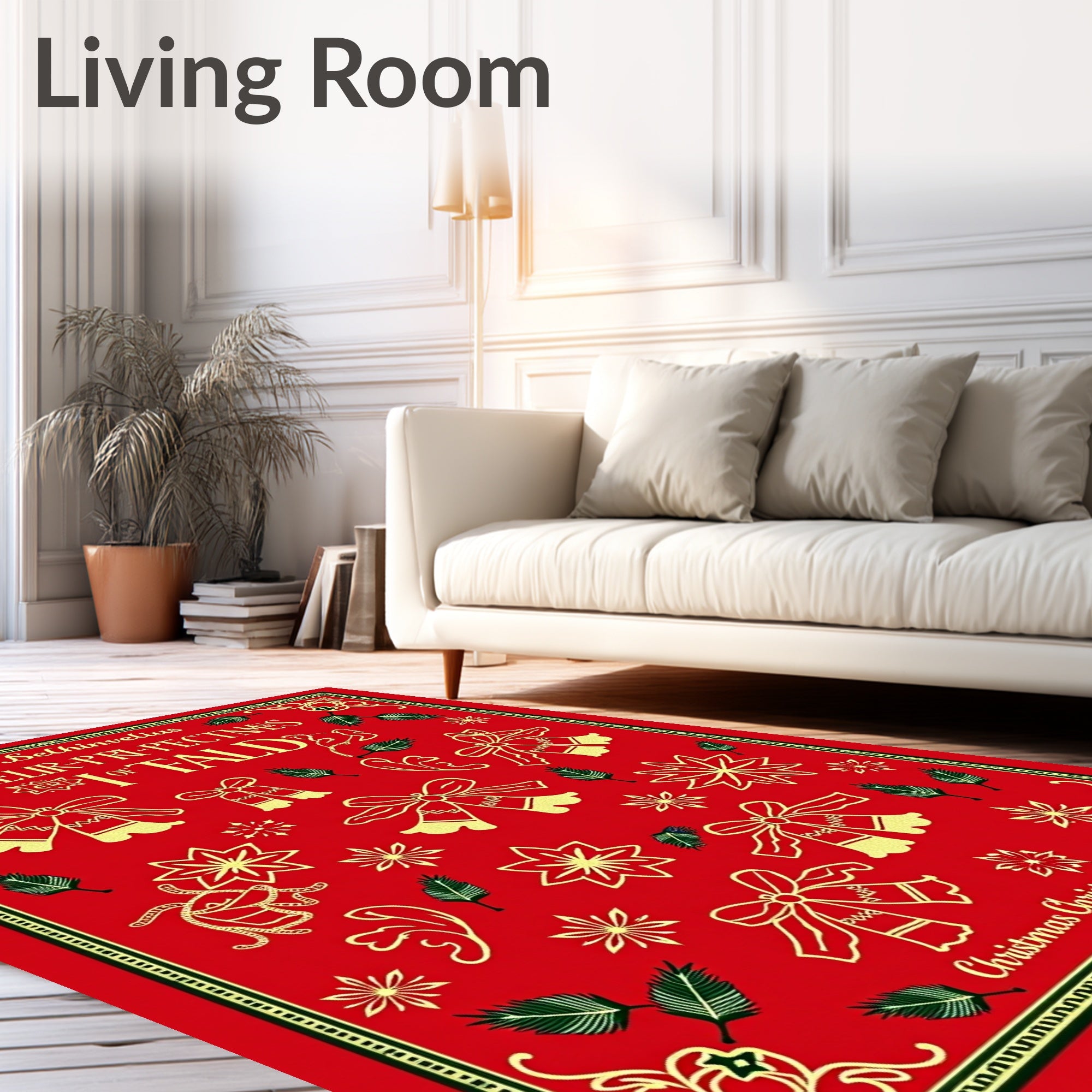 Red Gold Festive Bell and Star Arrangement Rug