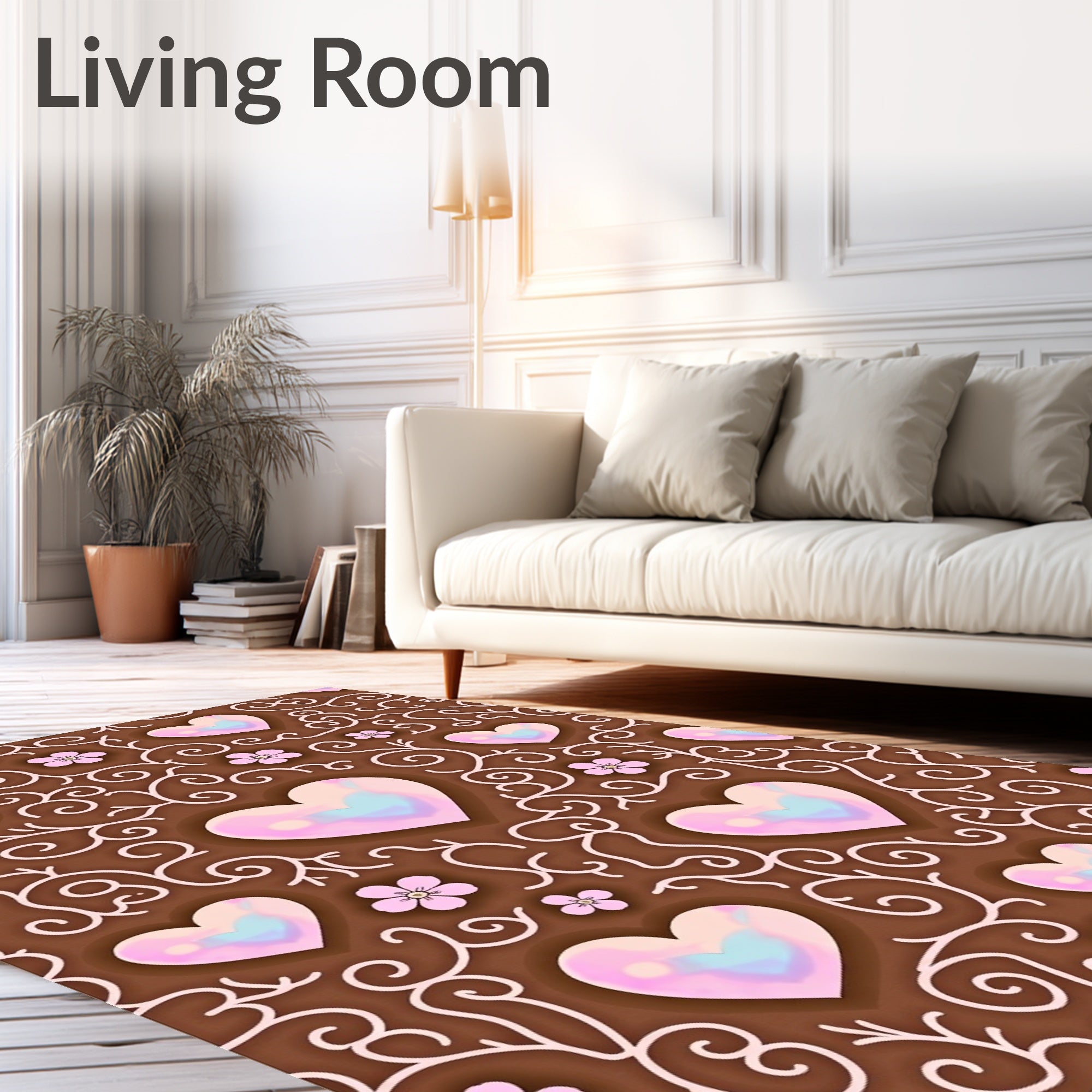 Pink Iridescent Hearts Swirl Floral Rug
