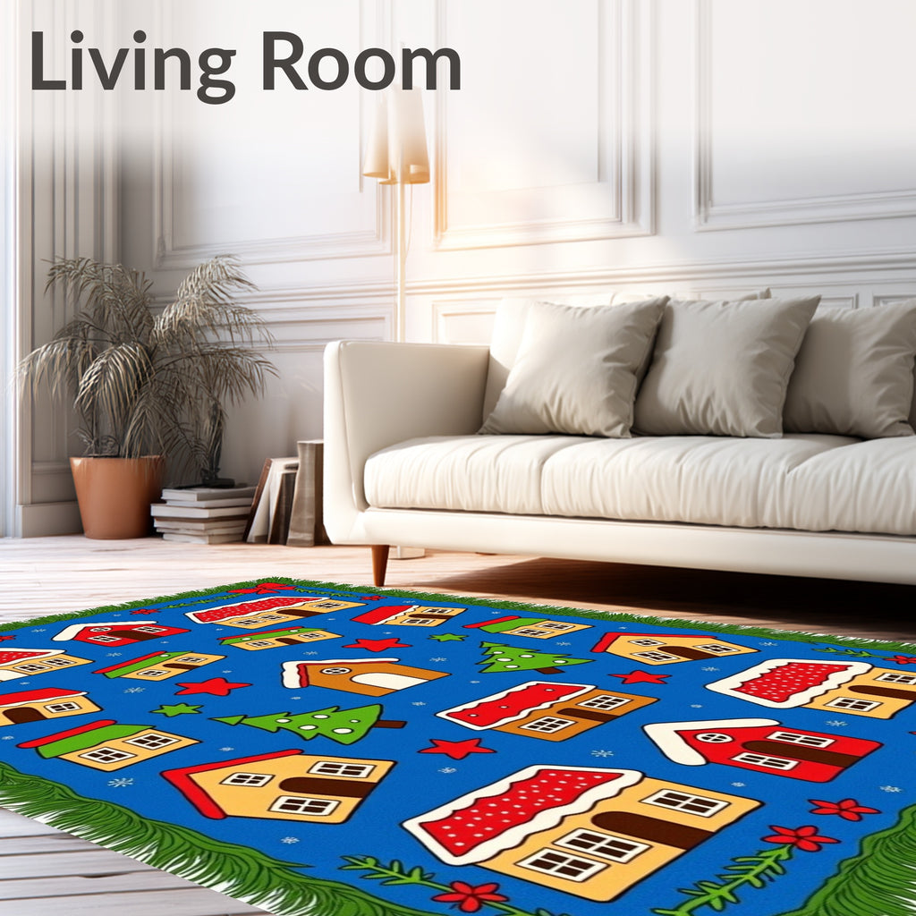 Festive Gingerbread Village Blue Rug