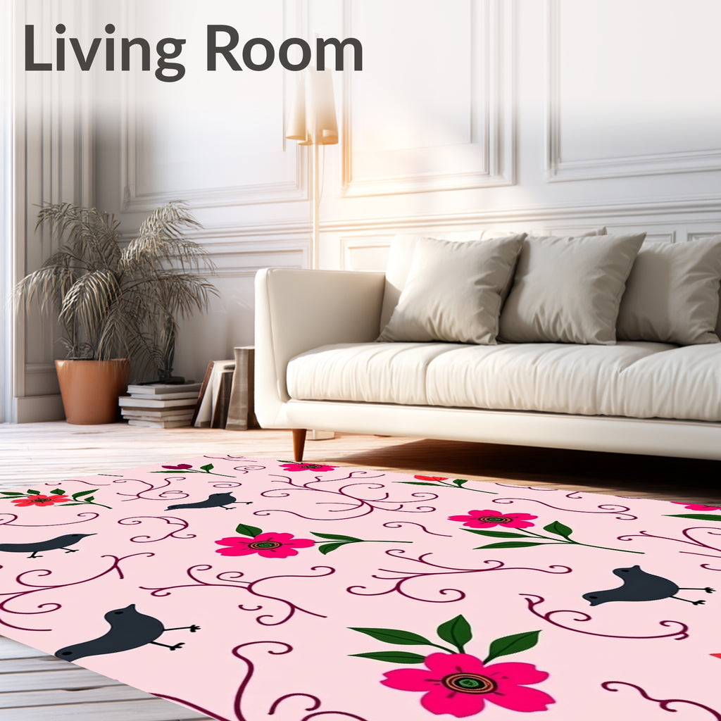 Pink Floral Bird Silhouette Garden Rug
