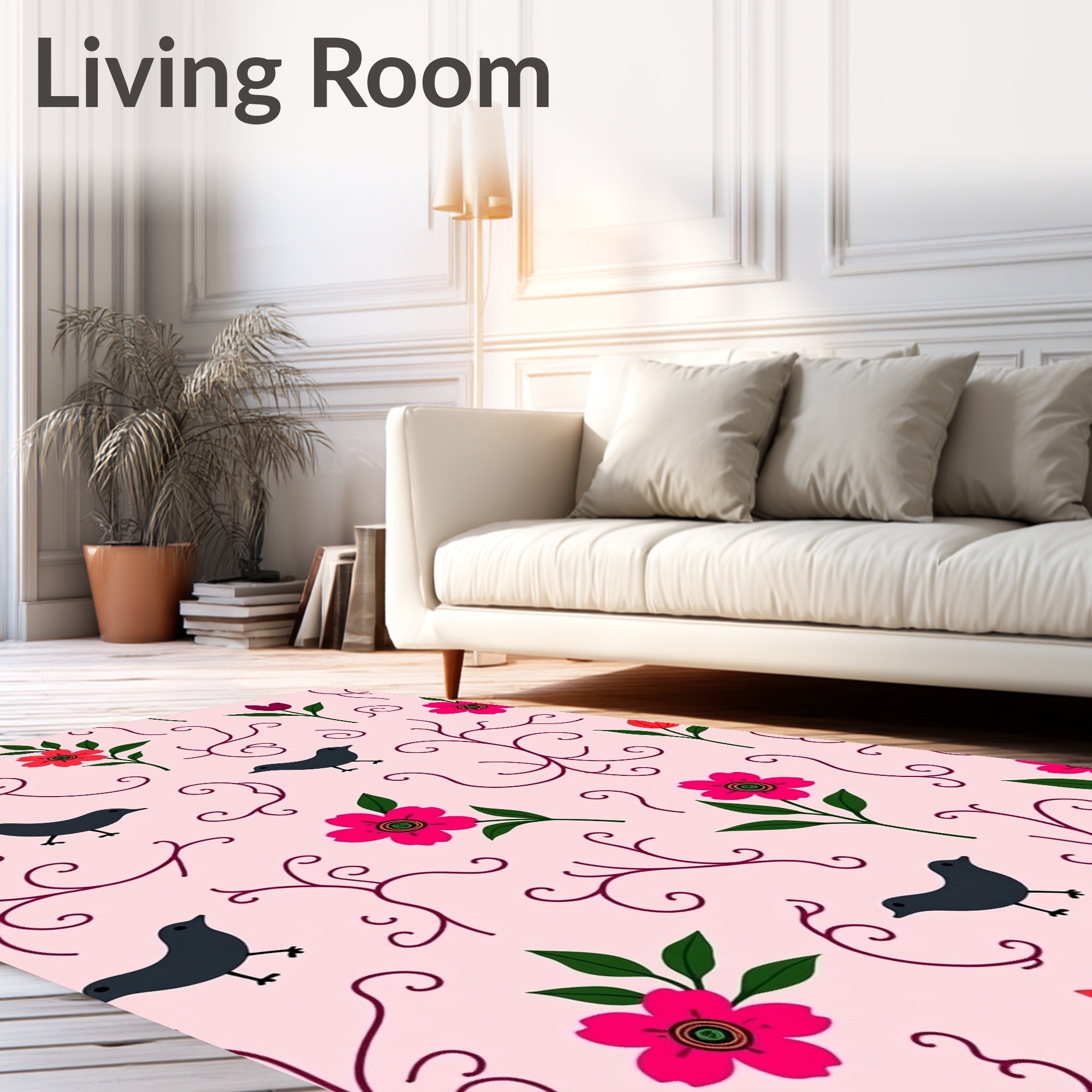 Pink Floral Bird Silhouette Garden Rug