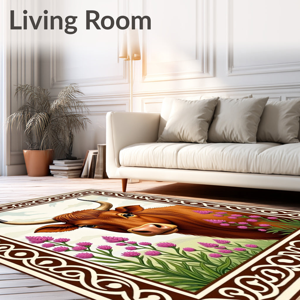 Brown Bull Pink Flower Meadow Rug