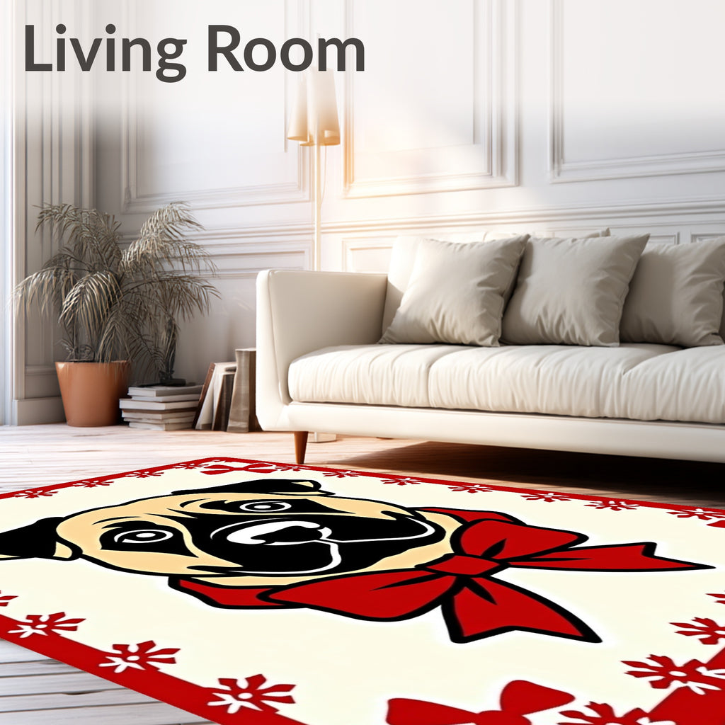Festive Cream Pug Red Bow Rug