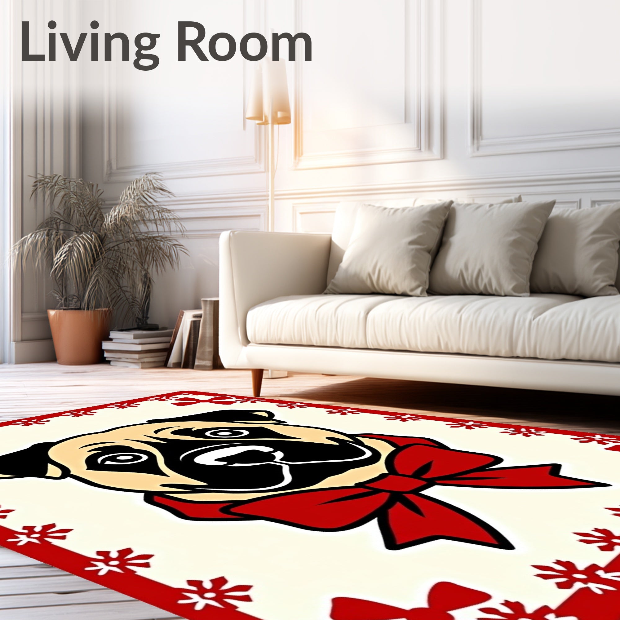 Festive Cream Pug Red Bow Rug